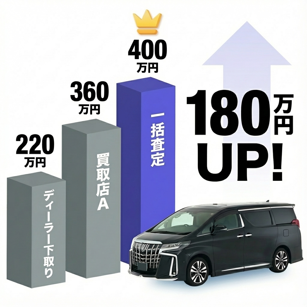 買取価格比較：ディーラー下取り220万 vs 買取店A 360万 vs 一括査定400万 (180万UP!) - モデル: トヨタ アルファード30系