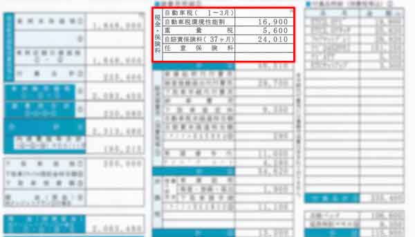 見積書の自動車重量税や消費税などの各種税金が記載されている欄