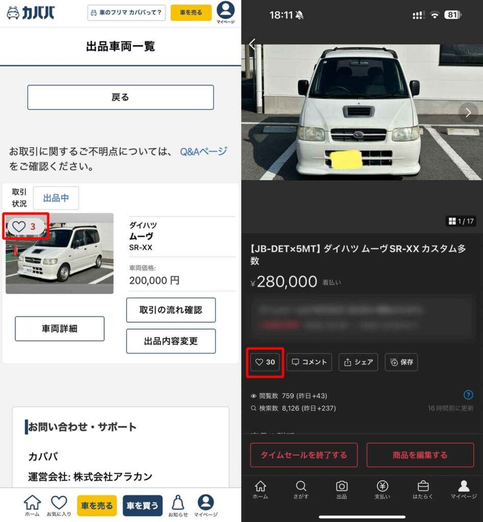 カババのいいね数は3に対してメルカリは30もついた