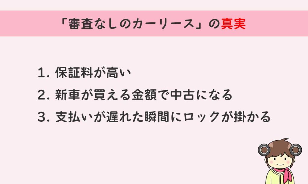 審査なしのカーリースは「保証料が高い」「新車が買える金額で中古になる」「支払いが遅れた瞬間にロックが掛かる」という特徴があります。