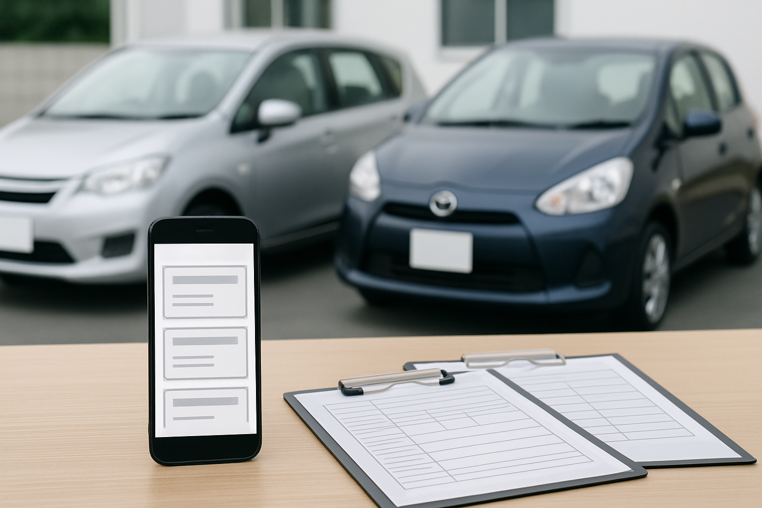 複数の車買取業者の査定額をスマートフォンで見比べているイメージ