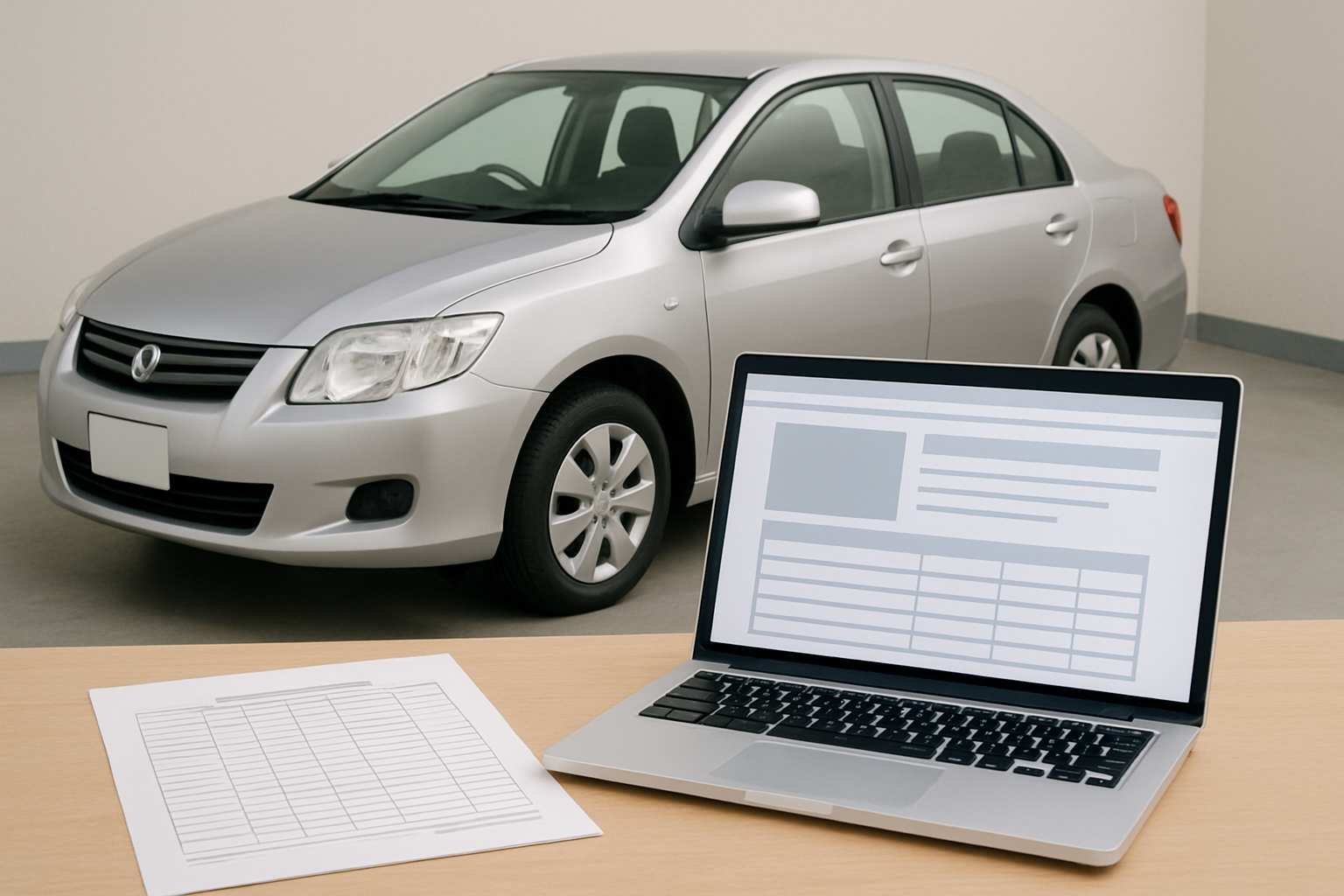中古車の査定相場表やパソコンの画面を見ながら売却を検討するイメージ
