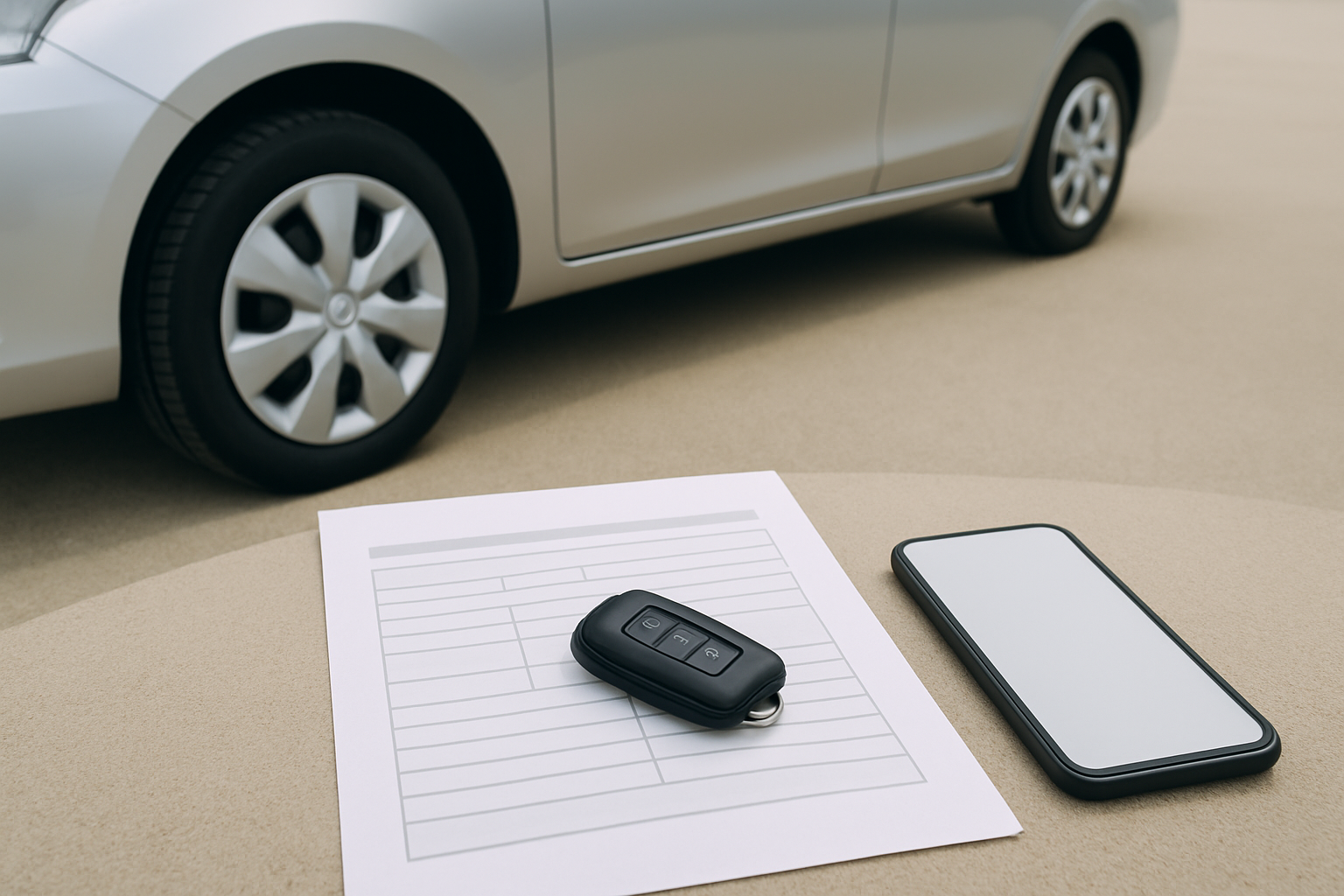 車、査定書類、スマートフォン、キーを使った無人の静物シーン