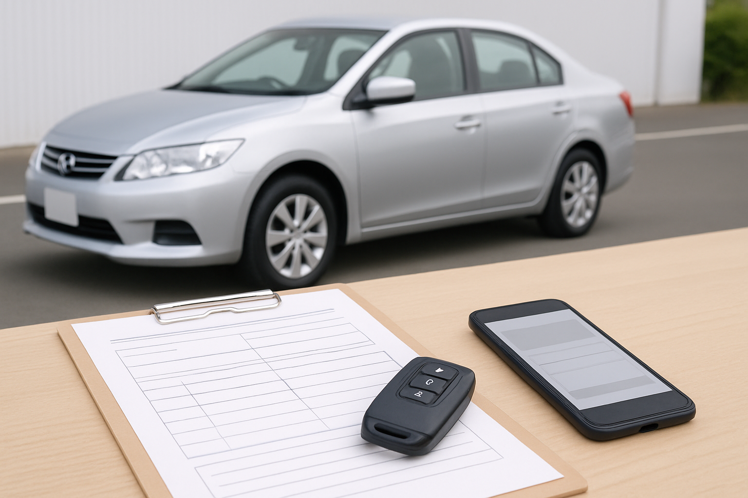 車、査定書類、スマートフォン、キーを使った無人の静物シーン
