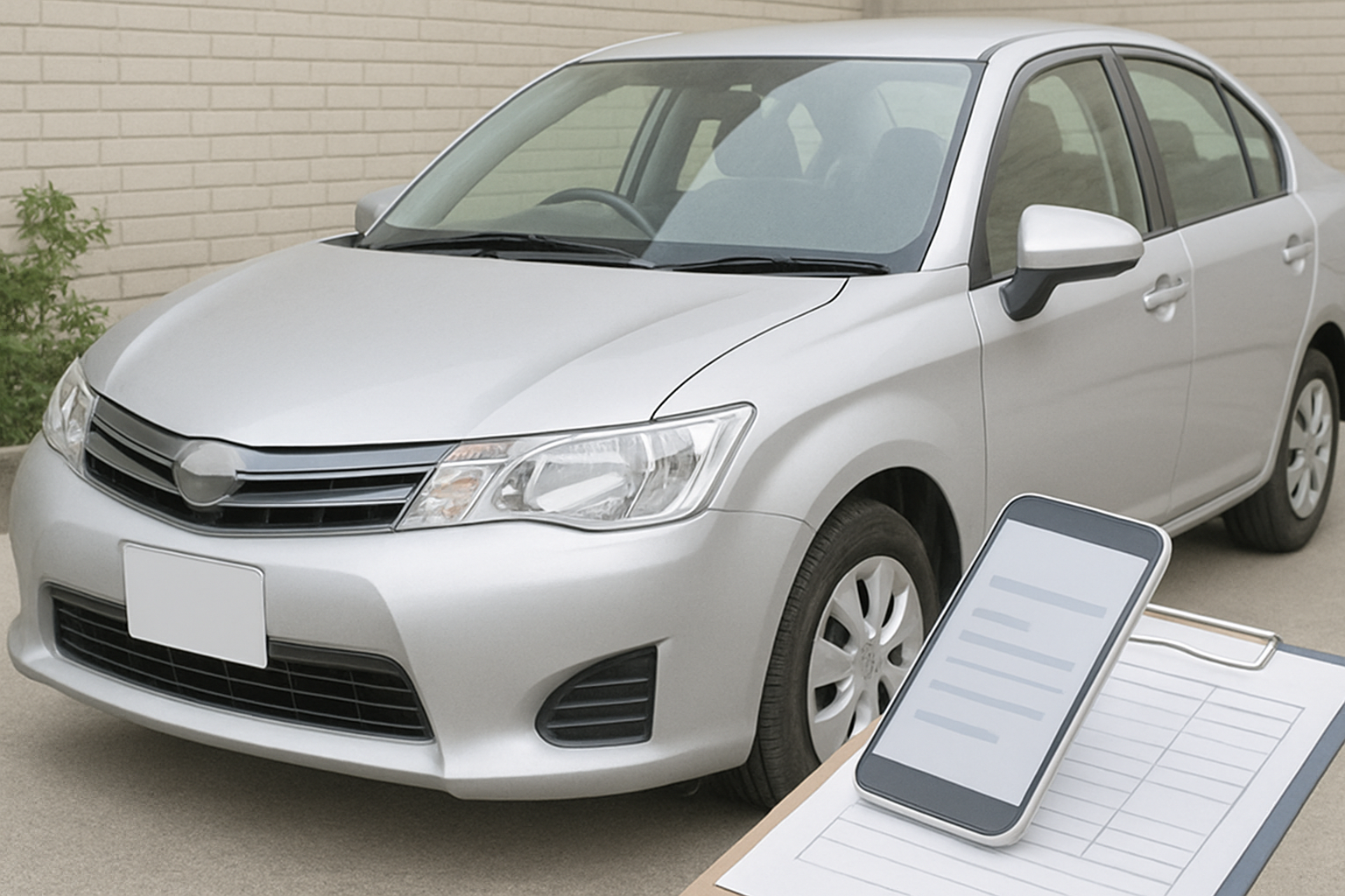 車の前でスマートフォンを持ち買取相場を調べている様子