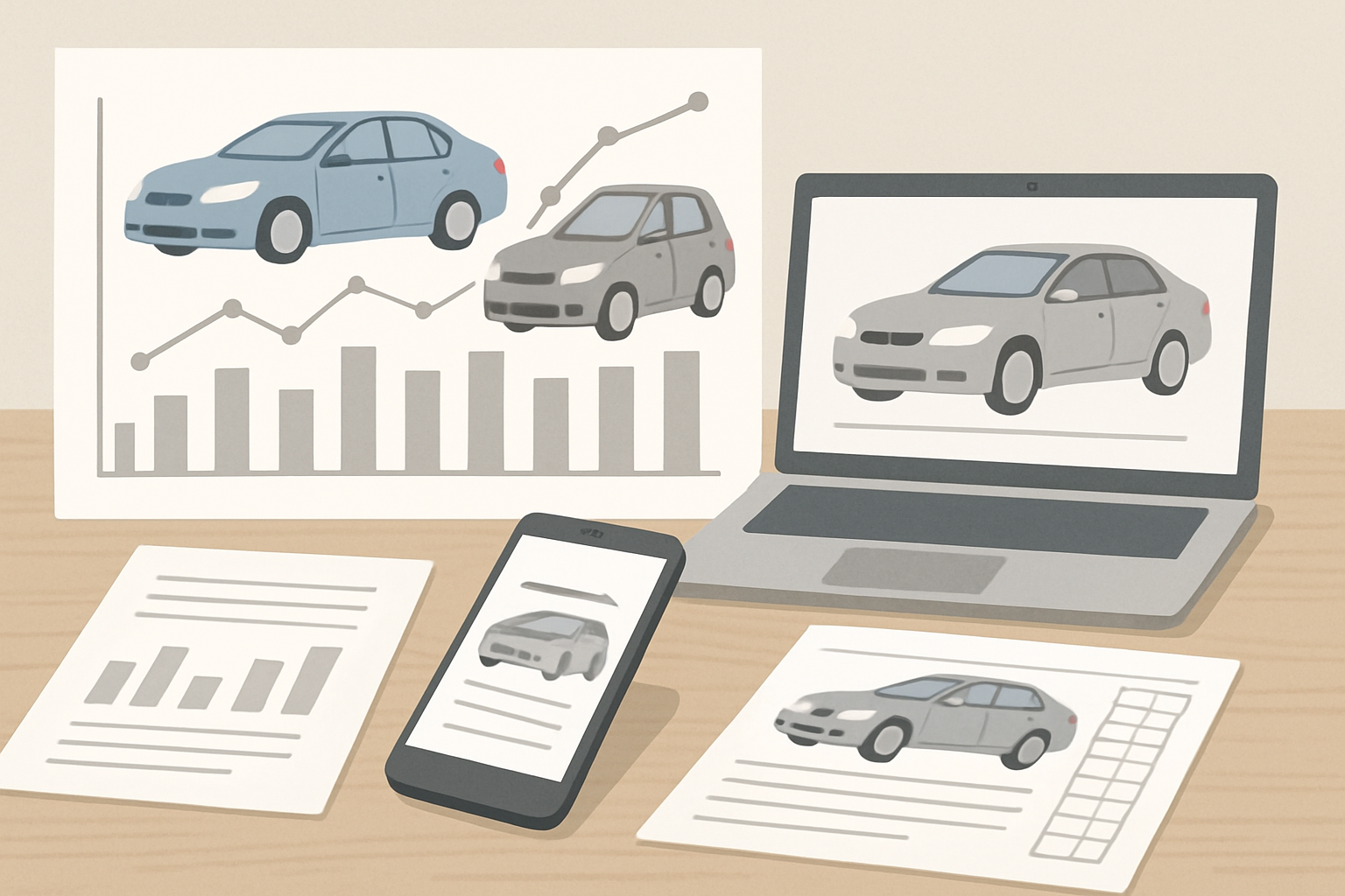 様々な車のデータが並ぶグラフやデータベースのイメージ