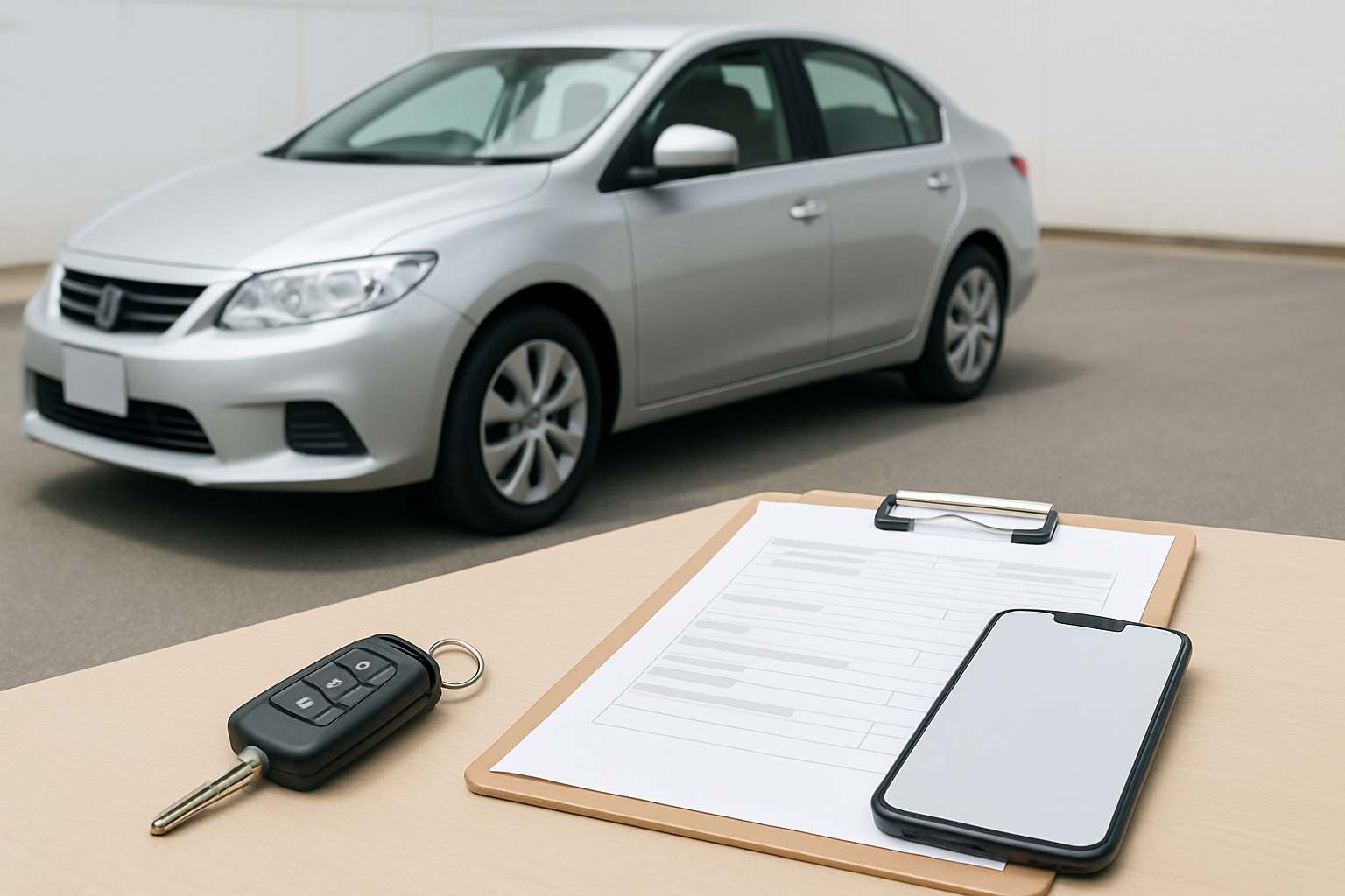車、査定書類、スマートフォン、キーを使った無人の静物シーン