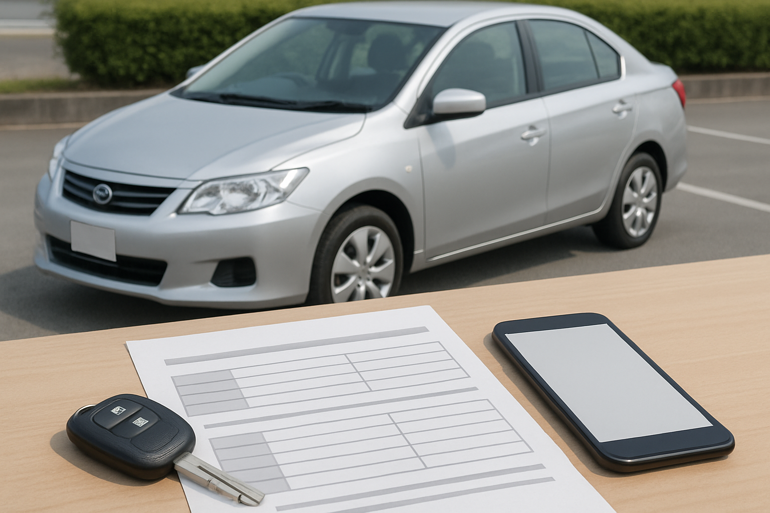 車、査定書類、スマートフォン、キーを使った無人の静物シーン