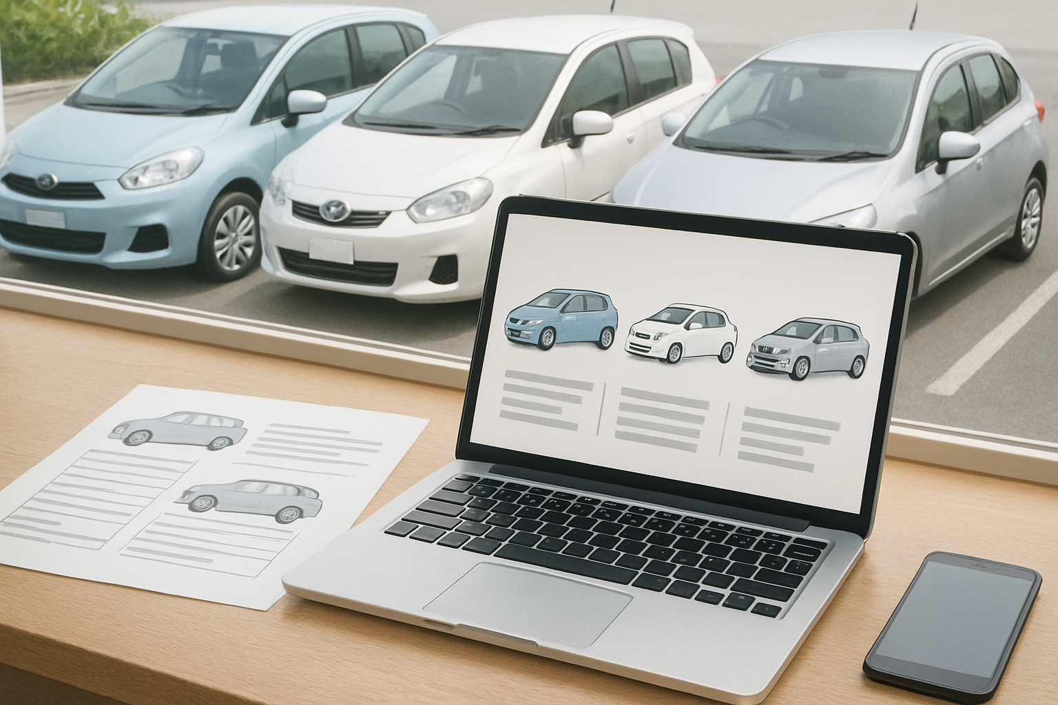 複数の車の査定額をパソコンで比較検討しているイメージ