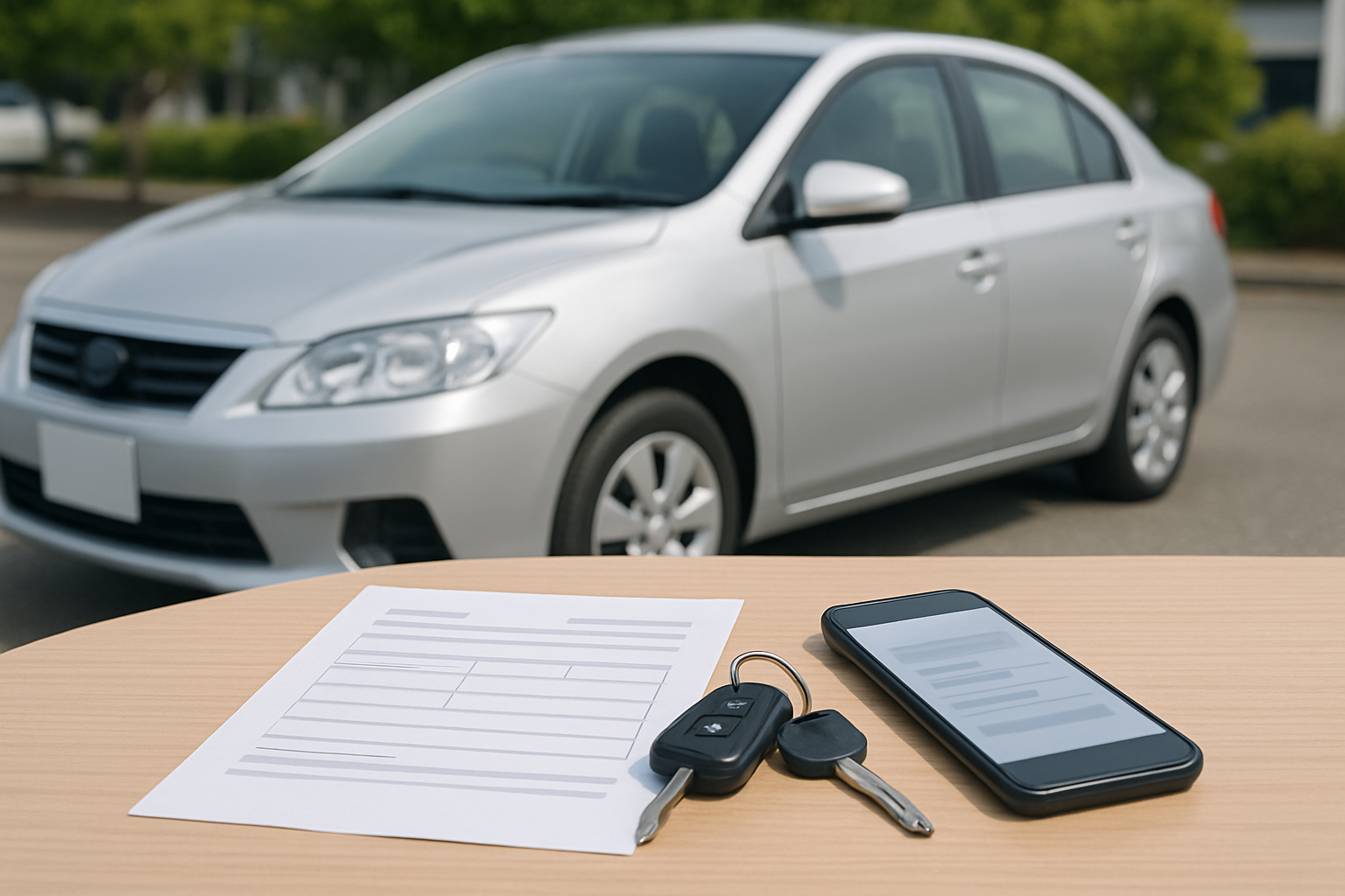 車、査定書類、スマートフォン、キーを使った無人の静物シーン