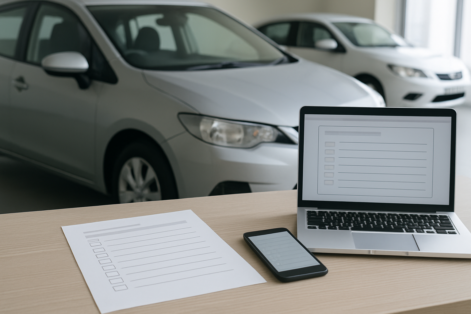 車の引き渡しに向けて書類を確認し、注意深くチェックしている様子