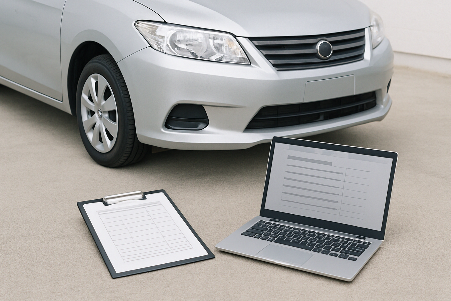 車のそばに査定書類とノートパソコンを置いた査定確認シーン