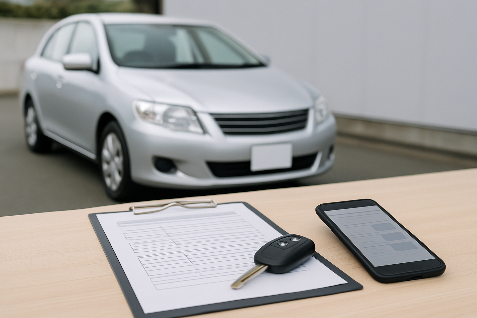 車、査定書類、スマートフォン、キーを使った無人の静物シーン