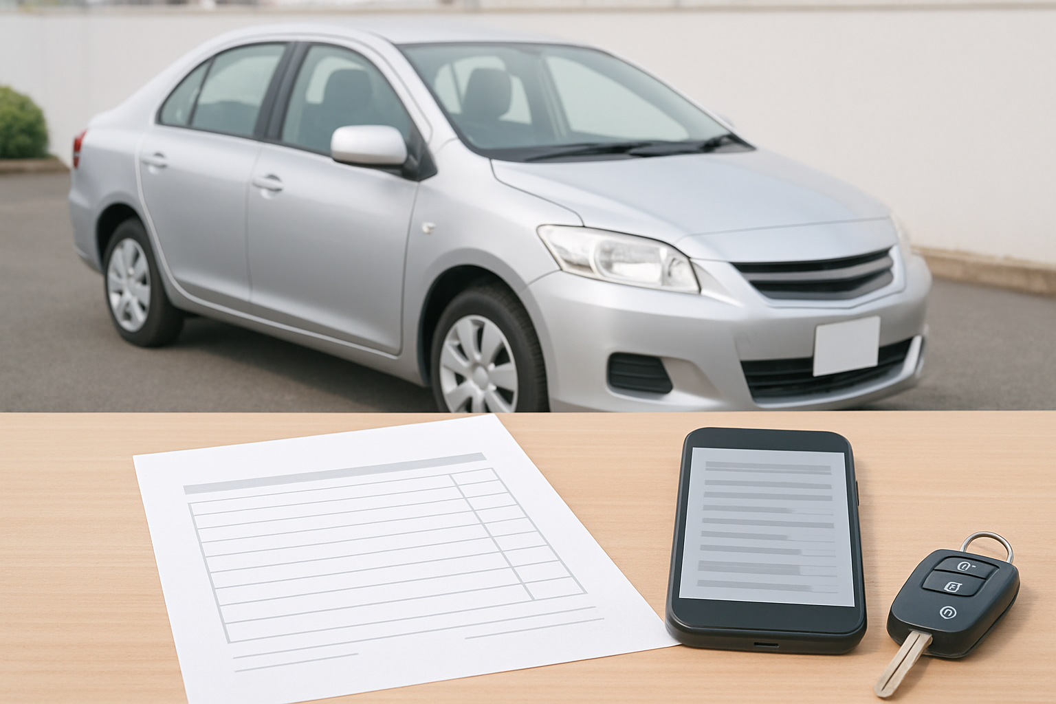 車、査定書類、スマートフォン、キーを使った無人の静物シーン