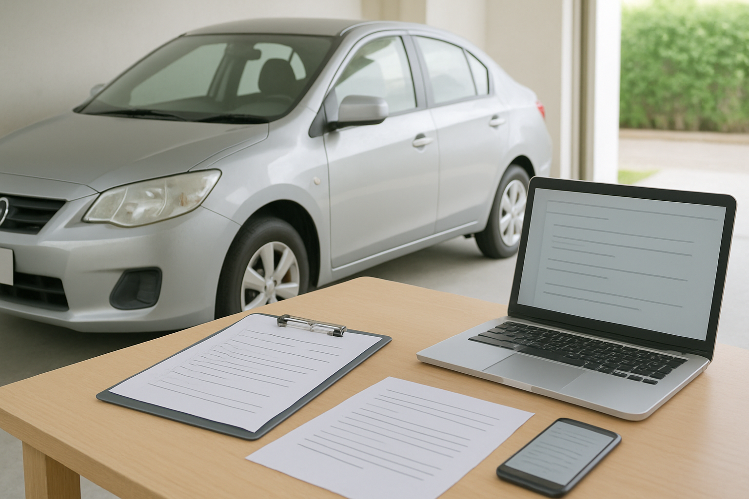 車の査定に関する注意書きや書類を確認している様子