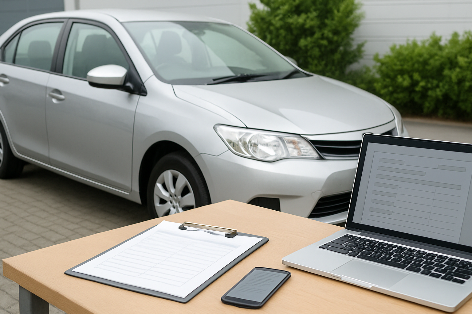 買取業者と車の前で商談し、条件を確認している様子