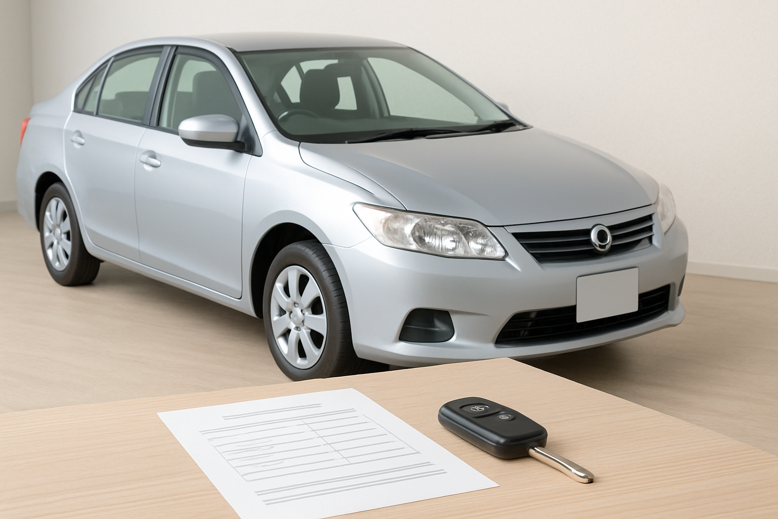 新しい車と売却完了書類、車のキーを並べた明るい納得感のあるシーン