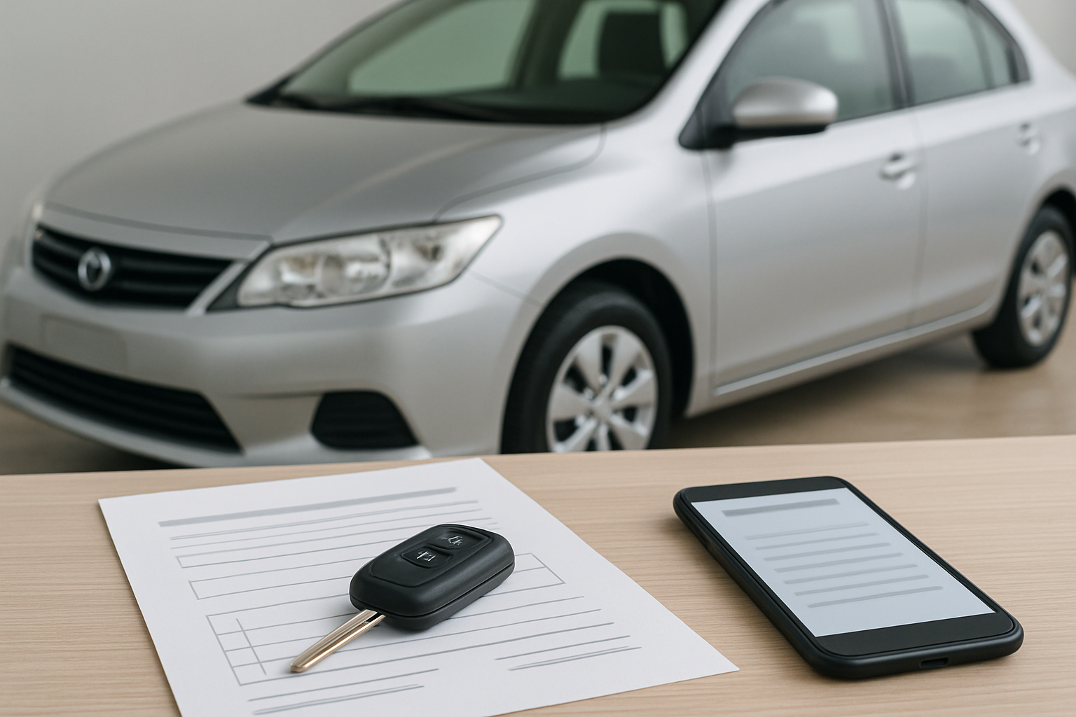 車売却の完了をイメージした車、キー、査定書類、スマートフォンの静物シーン
