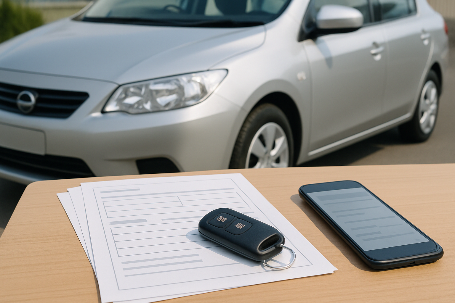 車、査定書類、スマートフォン、キーを使った無人の静物シーン