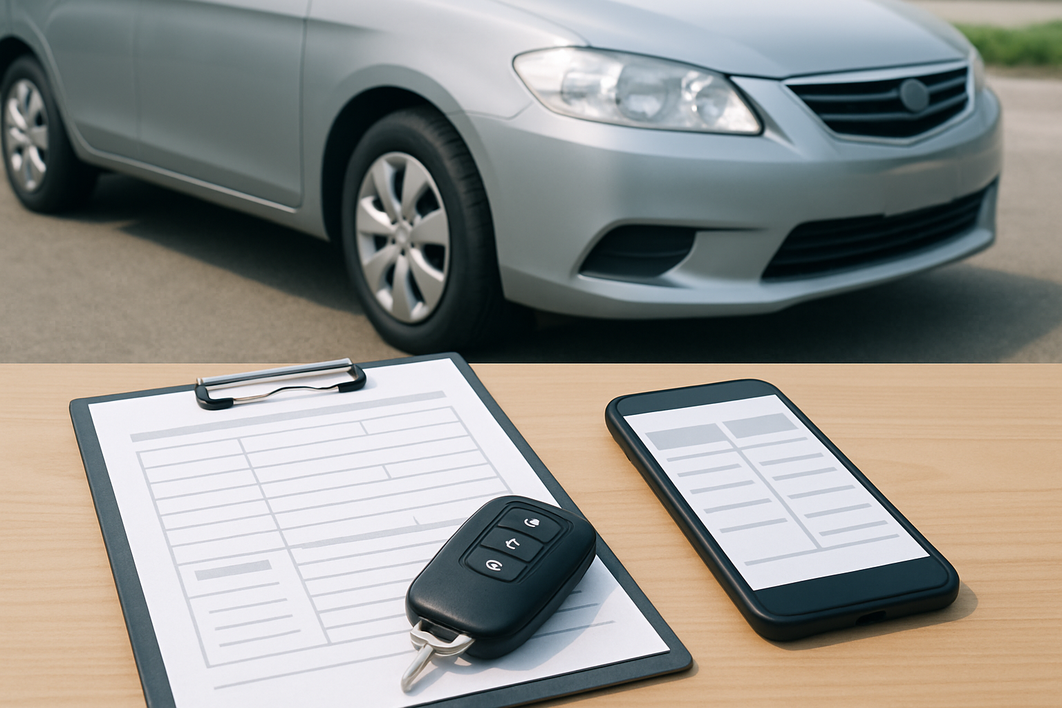 車、査定書類、スマートフォン、キーを使った無人の静物シーン