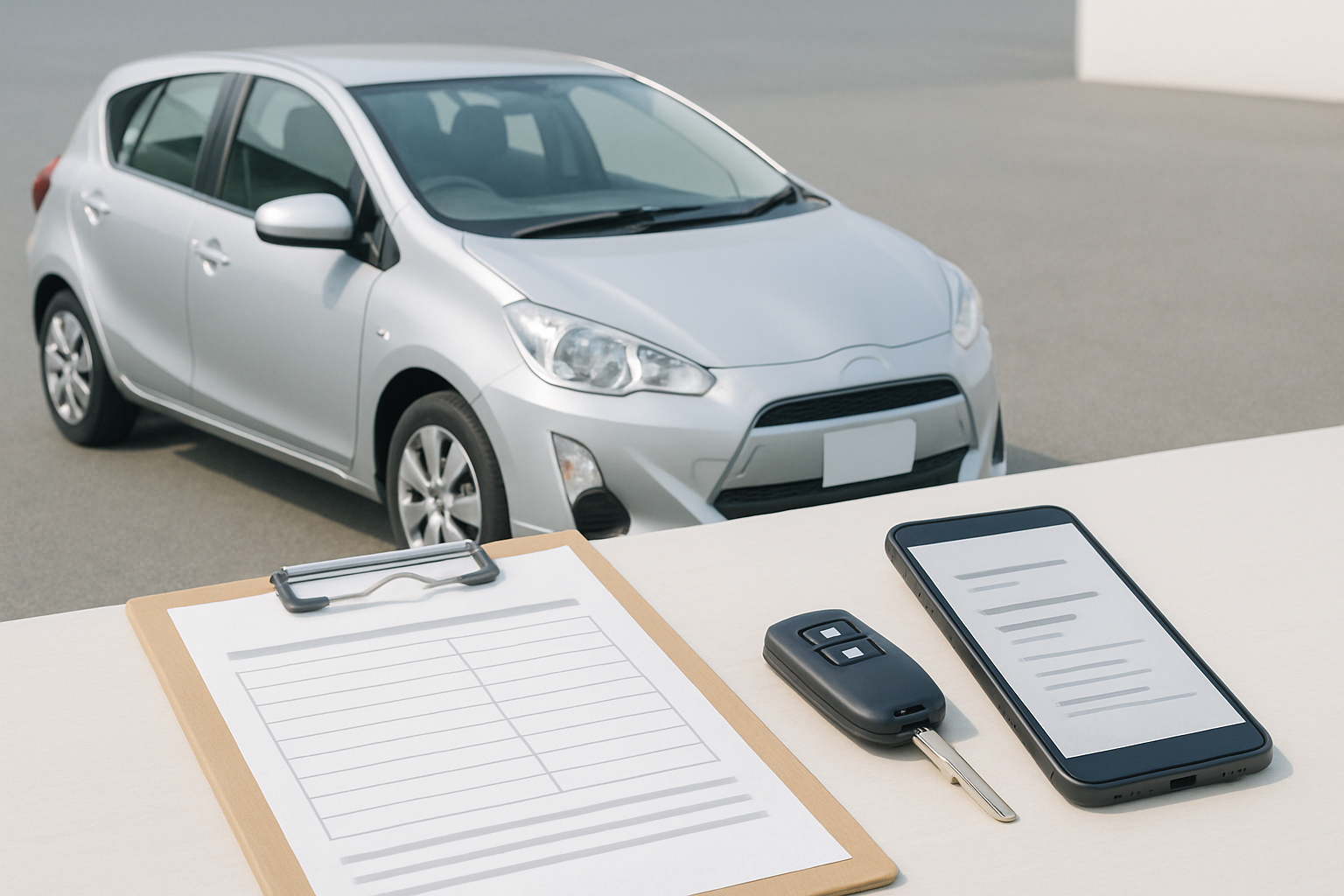 車、査定書類、スマートフォン、キーを使った無人の静物シーン