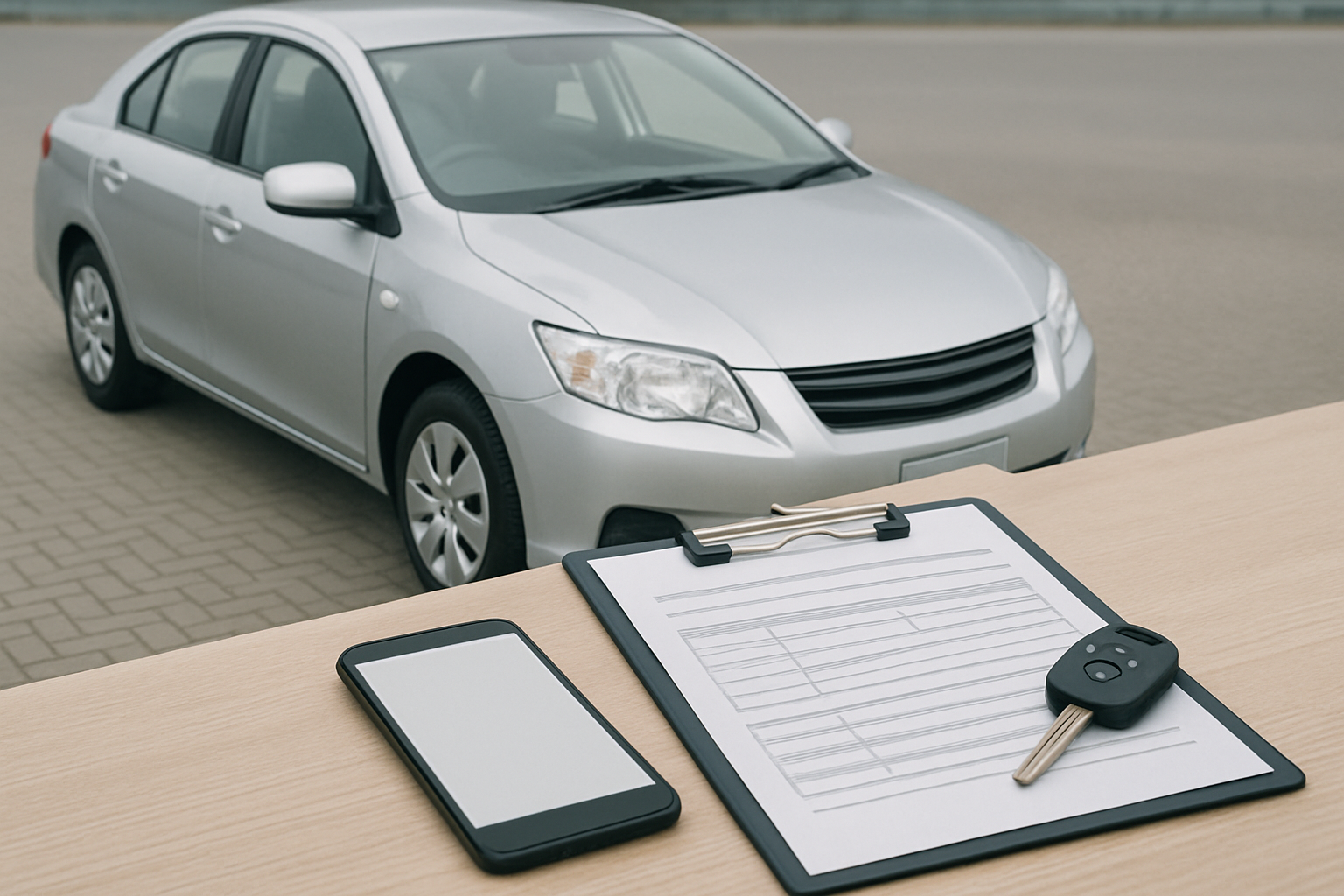 車、査定書類、スマートフォン、キーを使った無人の静物シーン