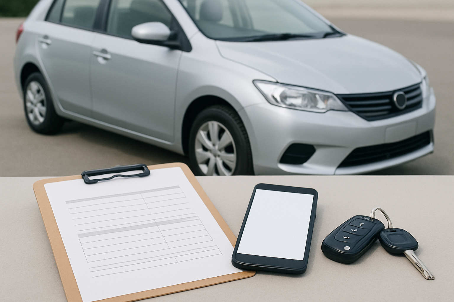車、査定書類、スマートフォン、キーを使った無人の静物シーン
