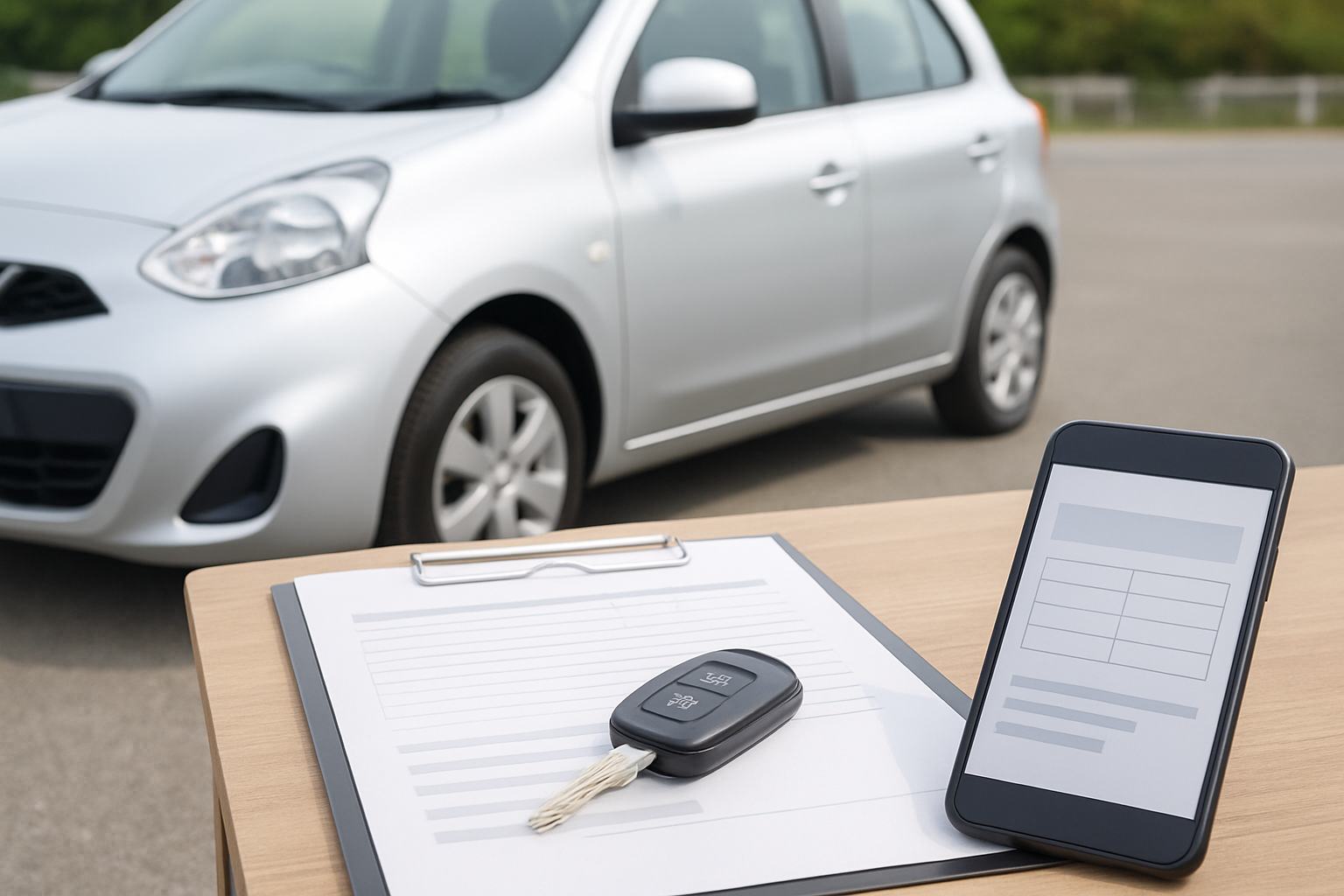 契約内容を確認し終え、車の鍵と書類が整然と並んだ安心感のあるイメージ