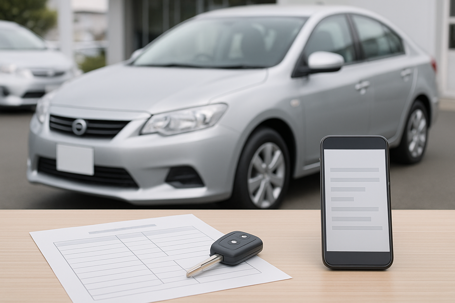 車、査定書類、スマートフォン、キーを使った無人の静物シーン