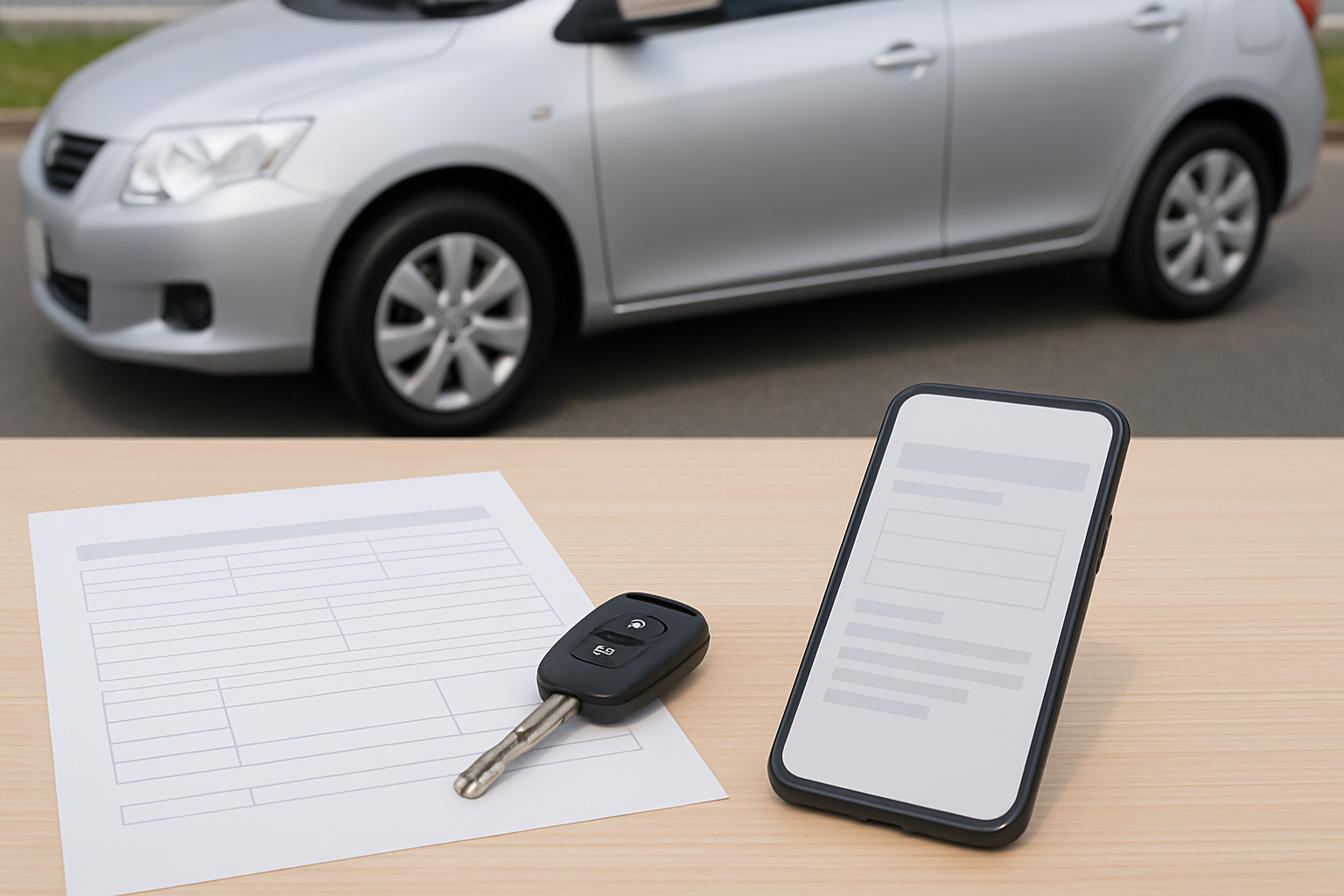 車、査定書類、スマートフォン、キーを使った無人の静物シーン