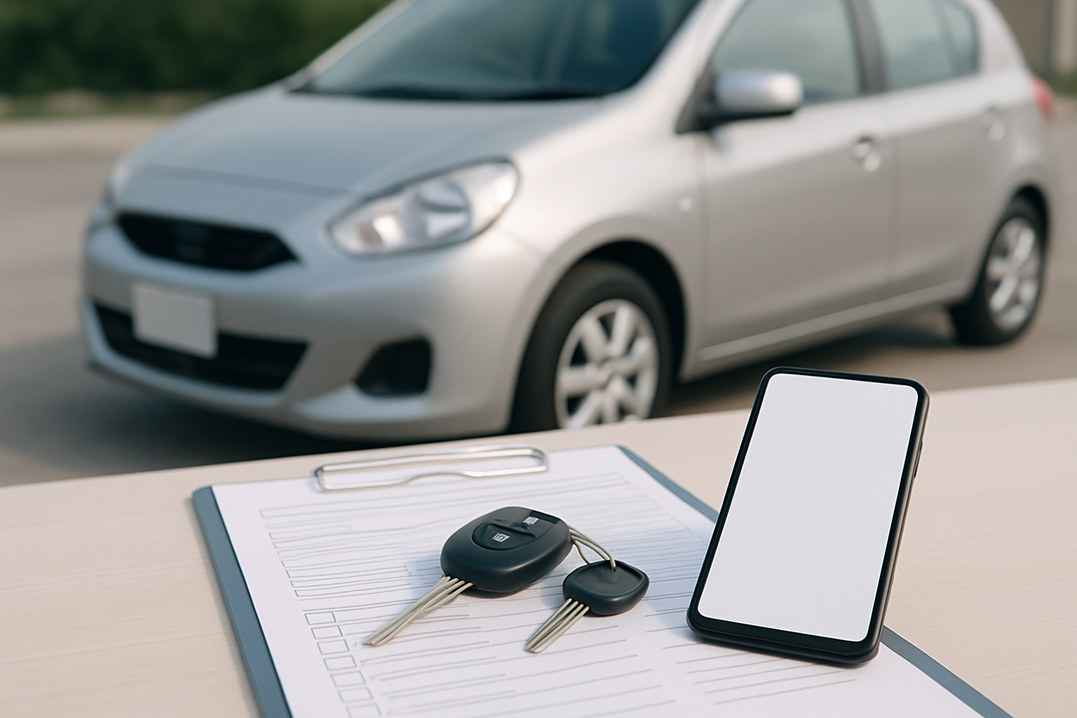 車、査定書類、スマートフォン、キーを使った無人の静物シーン