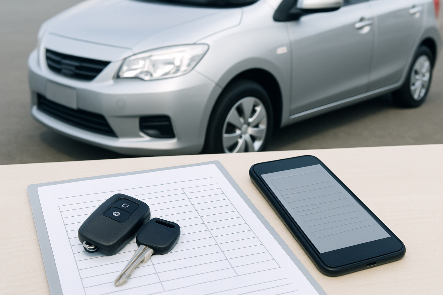 車、査定書類、スマートフォン、キーを使った無人の静物シーン