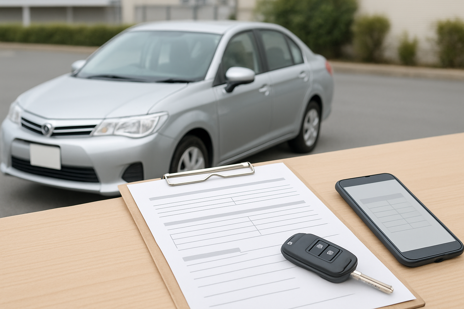 車、査定書類、スマートフォン、キーを使った無人の静物シーン