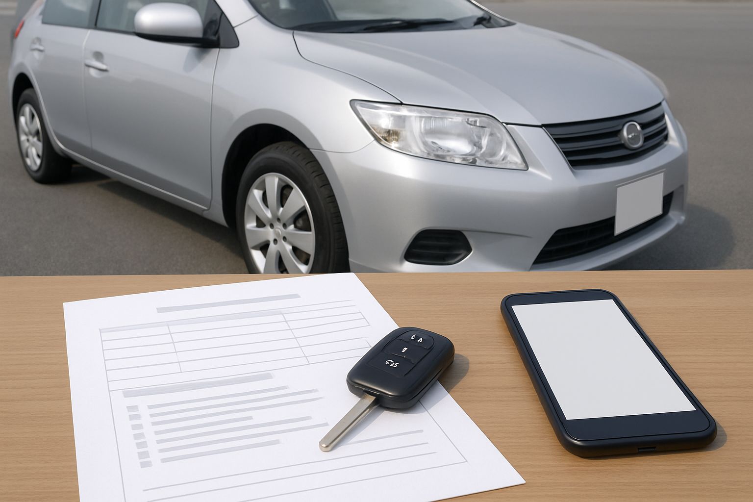 車、査定書類、スマートフォン、キーを使った無人の静物シーン