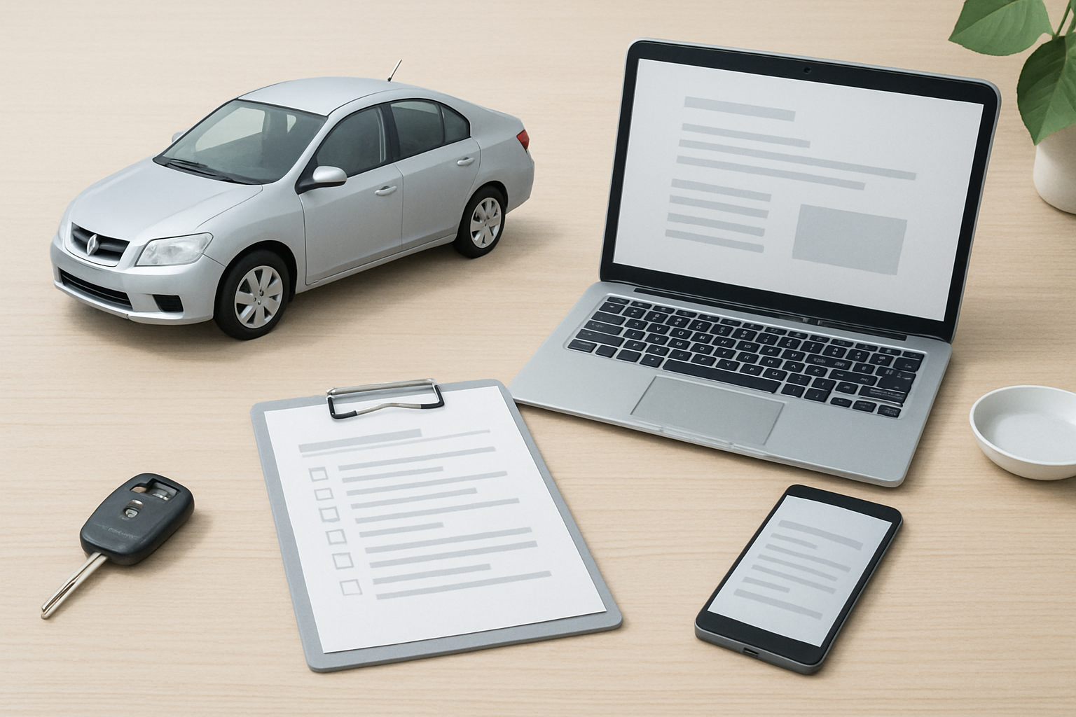 車、査定書類、スマートフォン、キーを使った無人の静物シーン