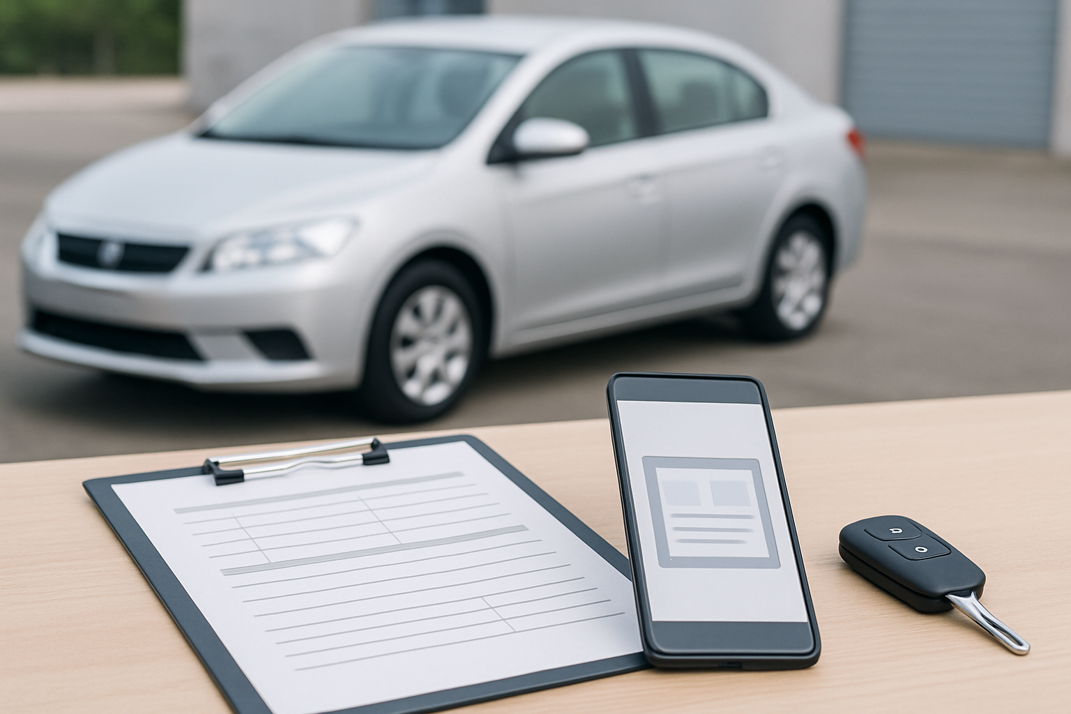 車、査定書類、スマートフォン、キーを使った無人の静物シーン