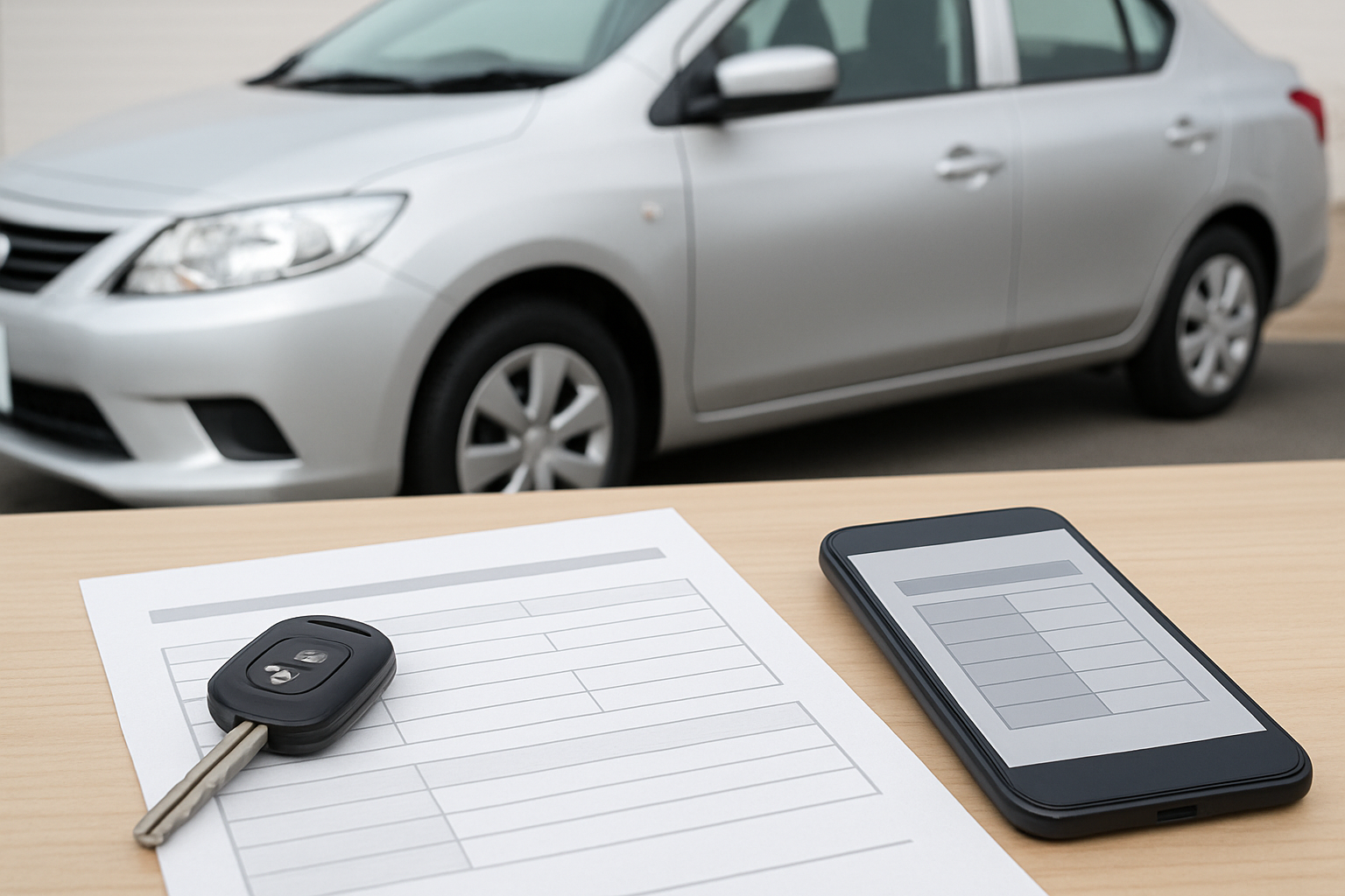 車、査定書類、スマートフォン、キーを使った無人の静物シーン