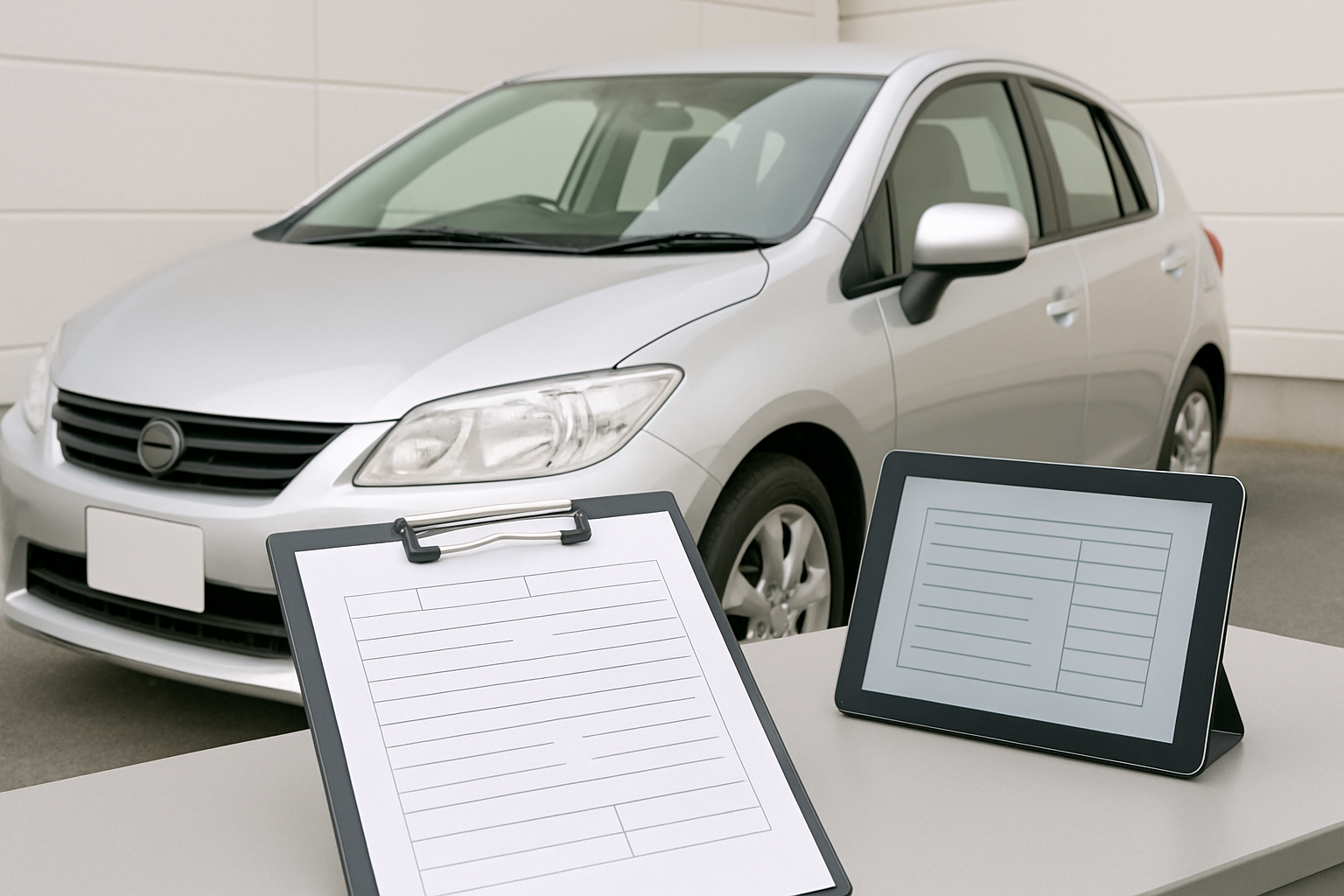 車の前でバインダーとタブレットを持ち車両の状態を確認する査定風景