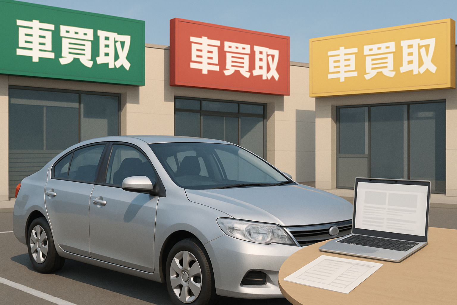 複数の車買取店舗の看板とピカピカの中古車