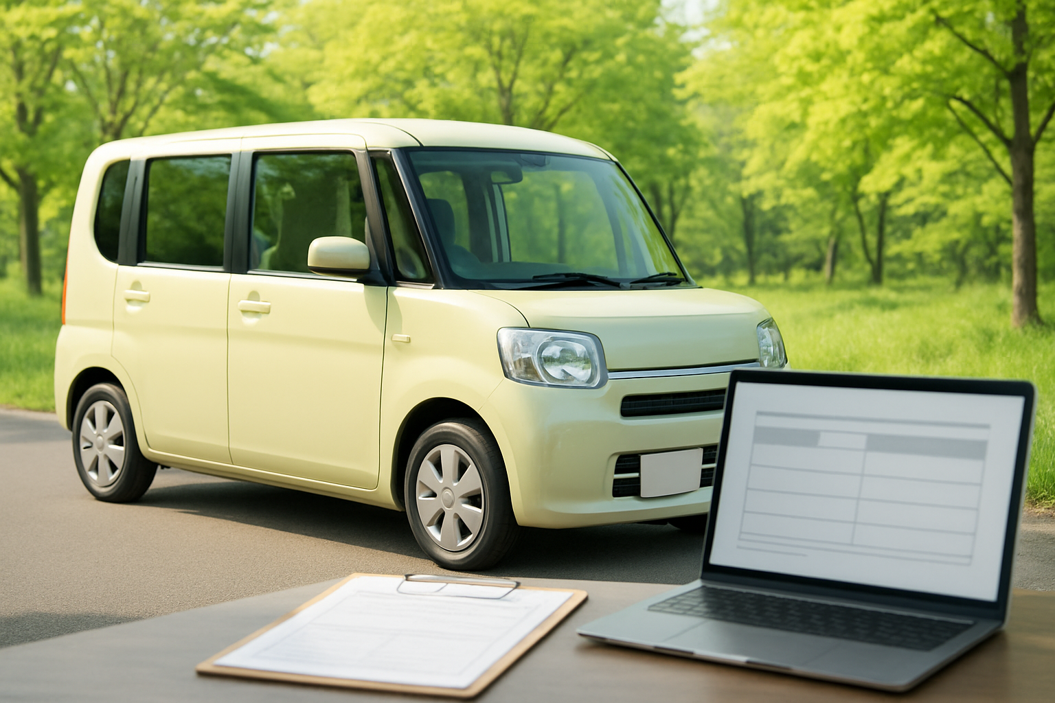 軽自動車と新緑の風景