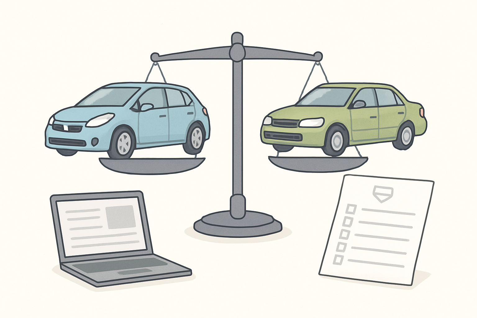 複数の車と天秤のイラスト