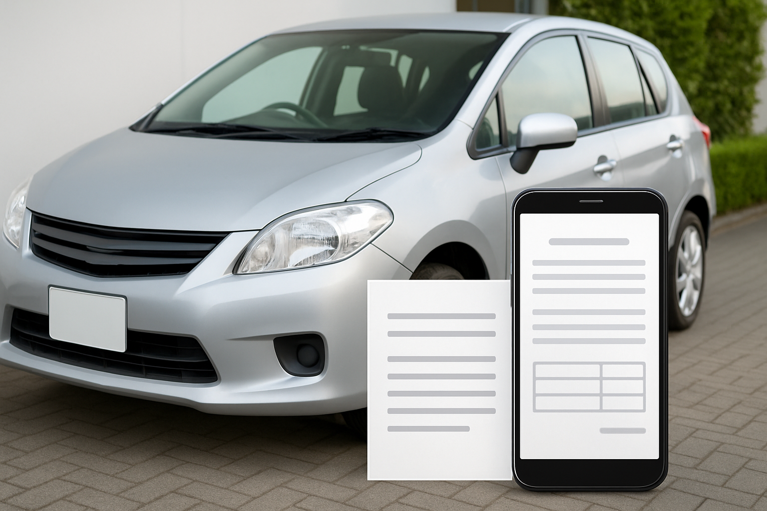 車の前でスマートフォンを操作し、査定結果を確認している様子