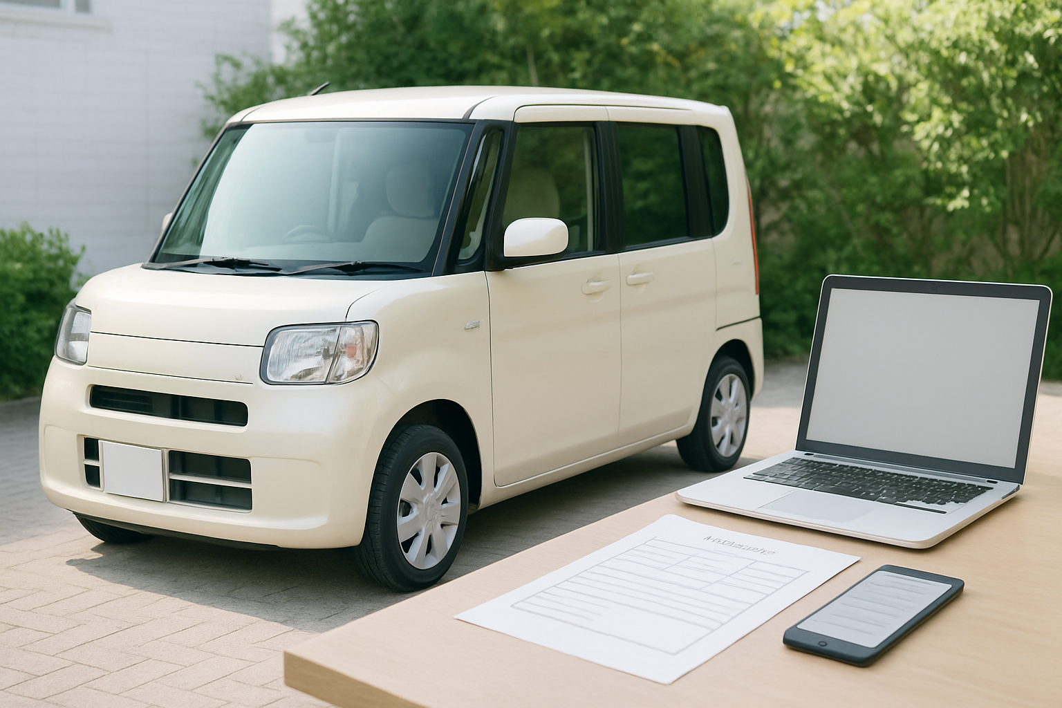 軽自動車が明るい光の中に停車している様子