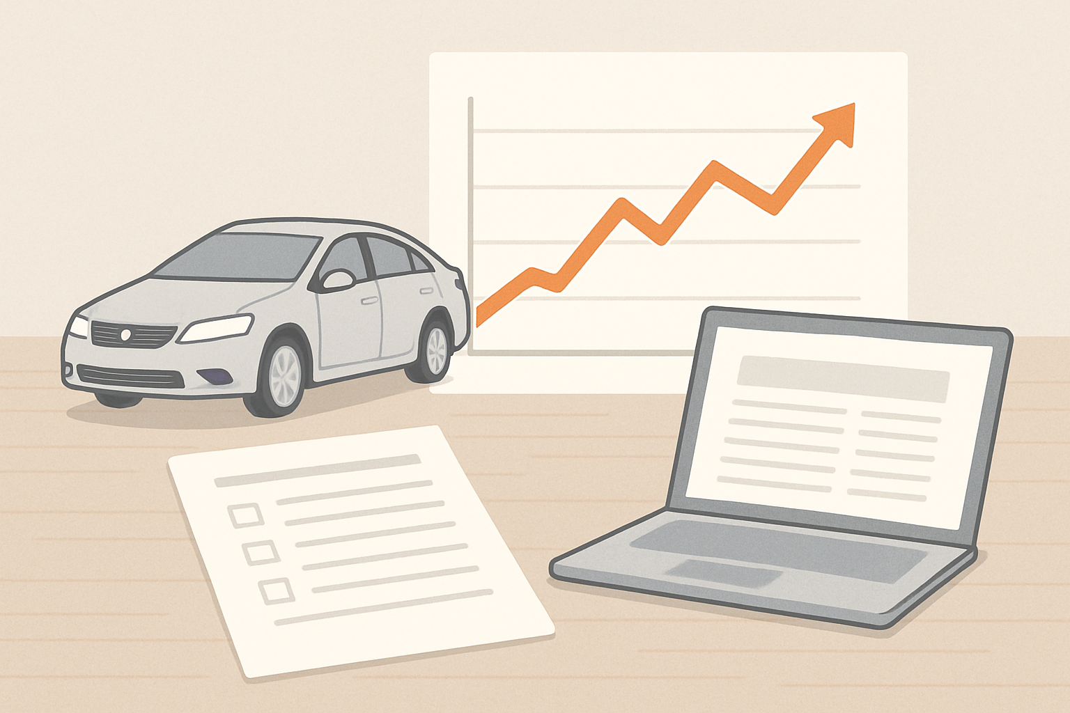 自動車の価格推移を示すグラフと車のアイコン
