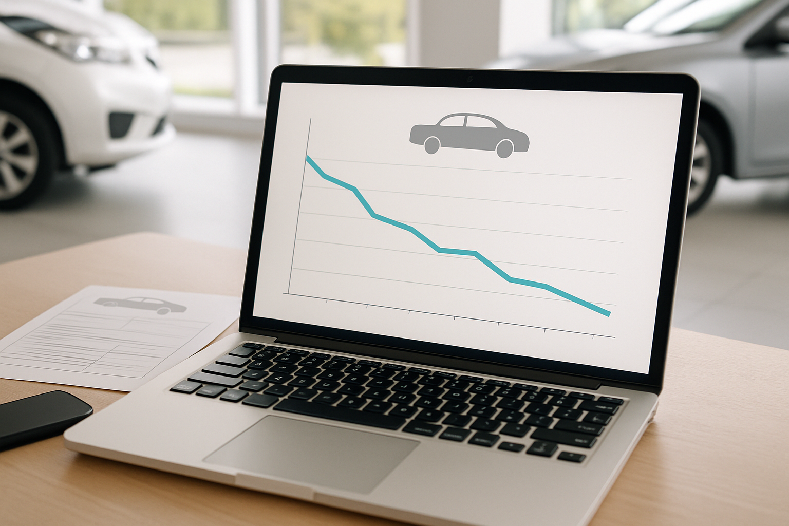 パソコン画面に表示された車の査定相場グラフを見ている様子