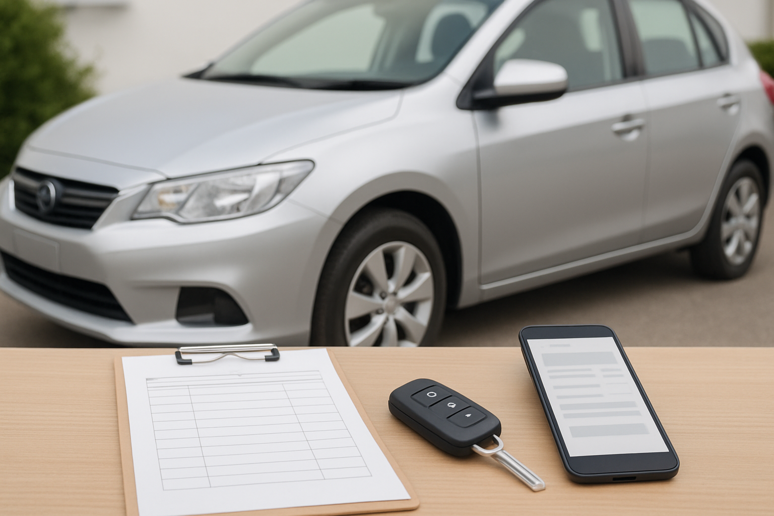 車、査定書類、スマートフォン、キーを使った無人の静物シーン