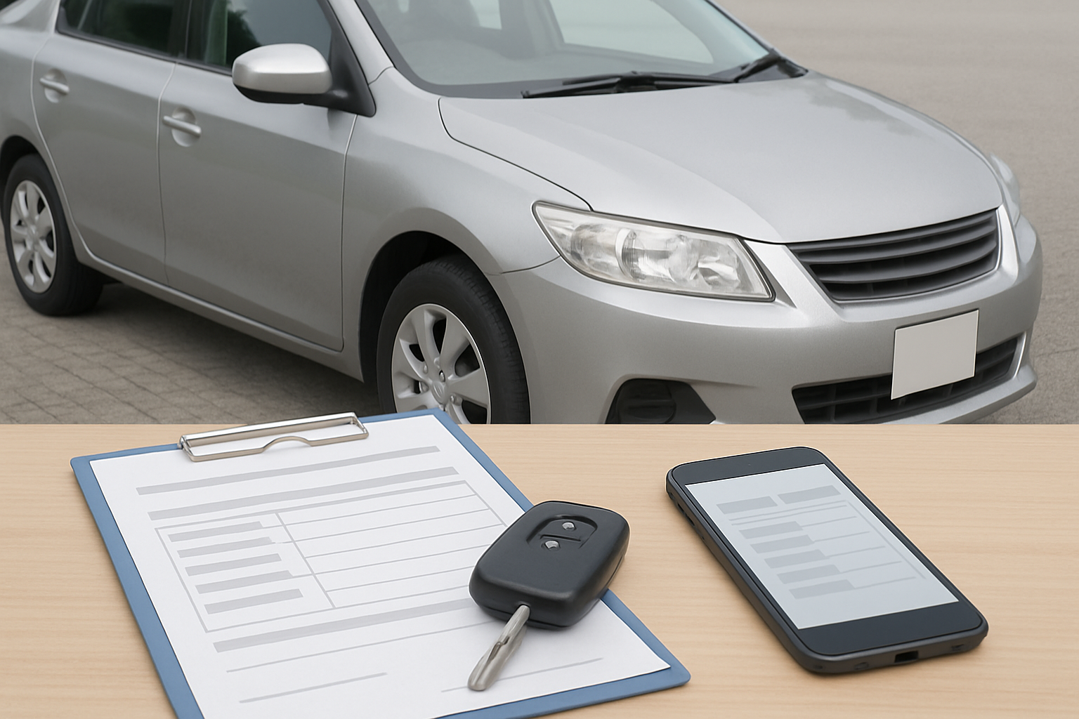 車、査定書類、スマートフォン、キーを使った無人の静物シーン