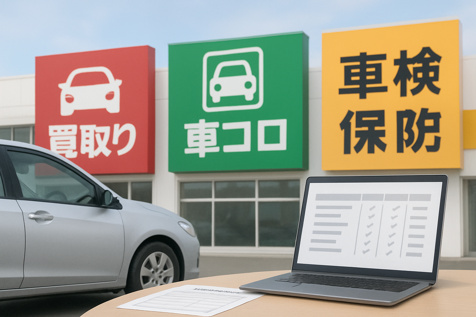 複数の買取店の看板や特徴を比較検討しているイメージ