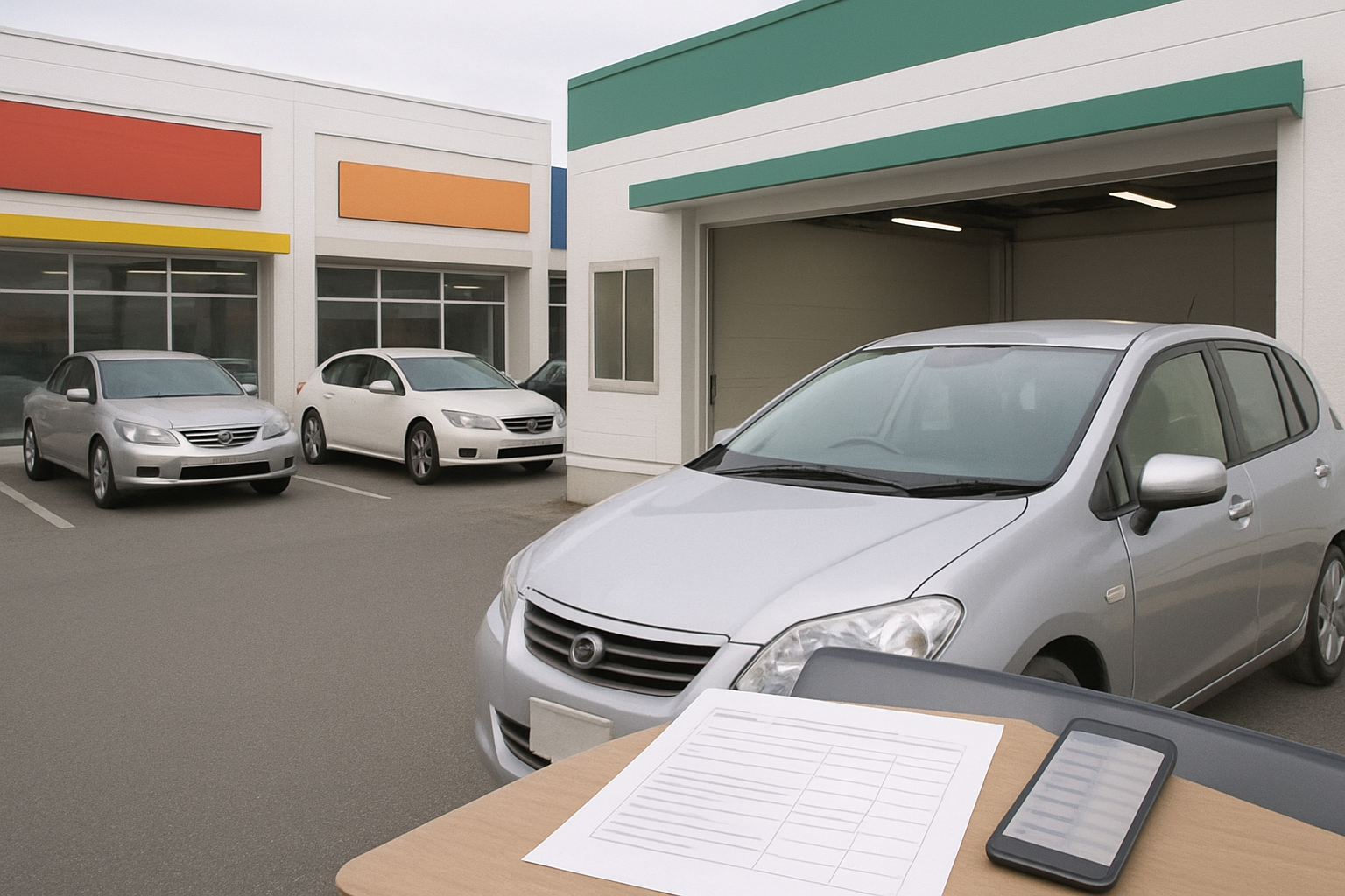 複数の車買取業者の店舗外観と査定中の車