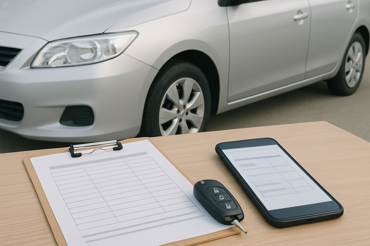 車、査定書類、スマートフォン、キーを使った無人の静物シーン